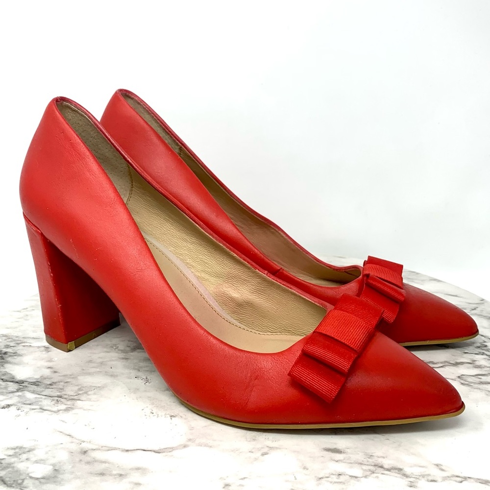 Jo Mercer Red Bow Detail Pointed Toe Block Heel Pumps 41/10-10.5 Classic Retro